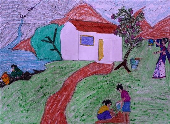 Family busy in work, painting by Trupti Madavi
