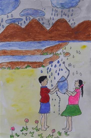 Happy children enjoying rain, painting by Swati Burkule