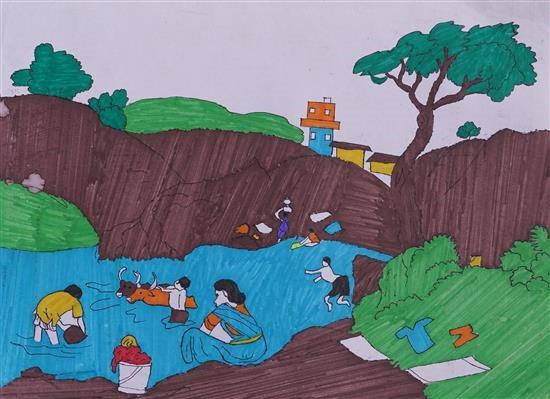 River's scenery at morning, painting by Sonali Rajesh Thakare