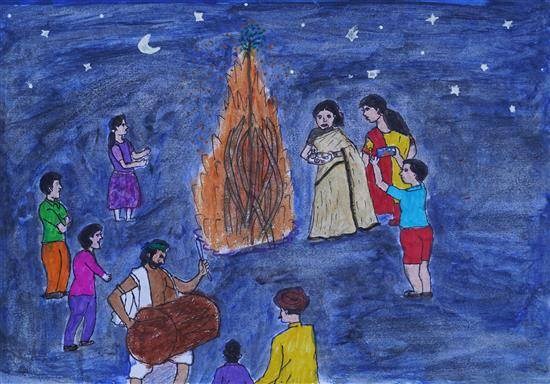 People celebrating Holika dahan, painting by Varsha Paradhi