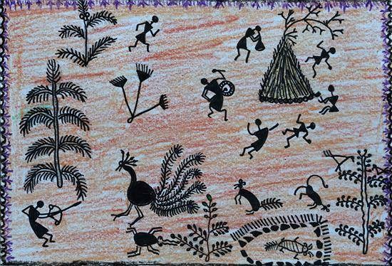 Tribal's life, painting by Ashwini Pudo