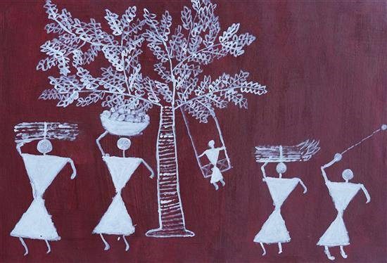 Workers in tribes, painting by Durga Pawar