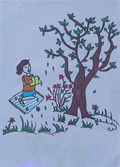 Girl sitting near tree, painting by Monika Kursange