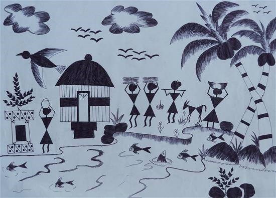 Dwelling of tribal people, painting by Jagdish Pingala
