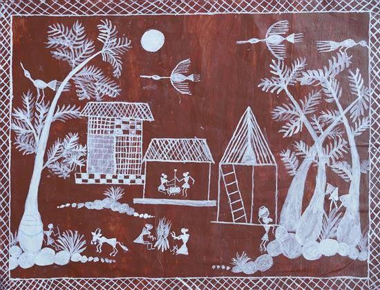 Scenery in tribal area, painting by Punam Dharukar