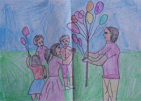 Painting  by Bala Kuvar - The children and balloon seller