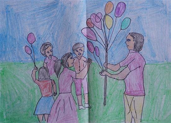 The children and balloon seller, painting by Bala Kuvar