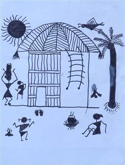 Tribal home premises, painting by Akshara Puram