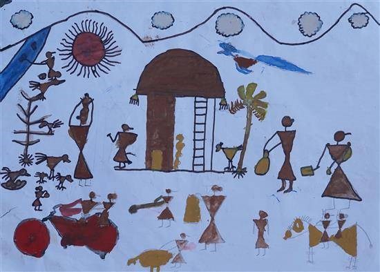 Tribal people's lifestyle, painting by Pravin Pagi