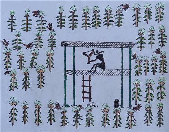 A scaffold in Jowar farm, painting by Krishna Meshram