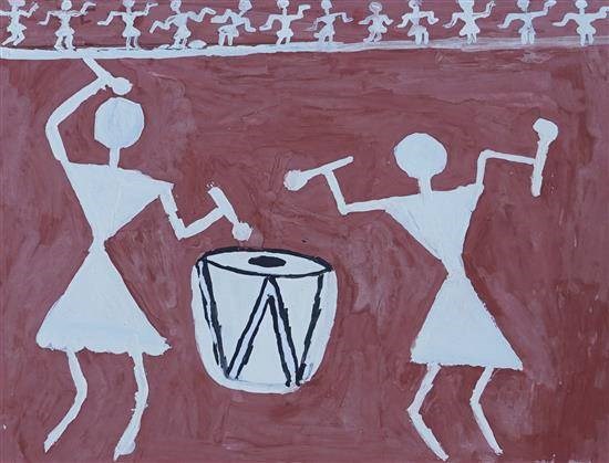 The drum players, painting by Mohini Krushnake