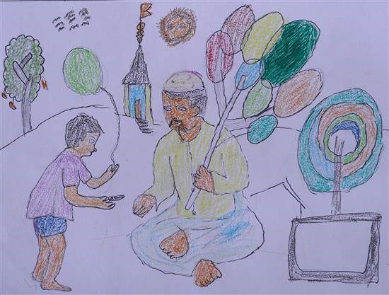 Boy purchasing balloon, painting by Vishnu Phupate
