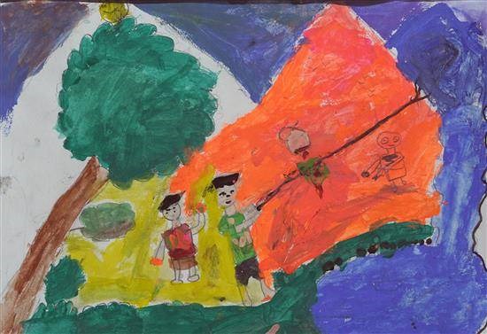 Children enjoying kite, painting by Shivam Bhurake