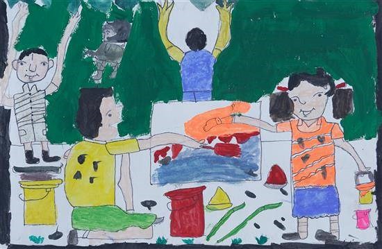 Preparation for School's annual function, painting by Parameshwar Savant