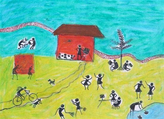 Lifestyle in my village, painting by Karishma Pudo