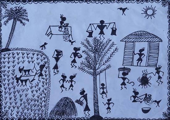Scenery of tribal dwelling, painting by Prabhat Tolande