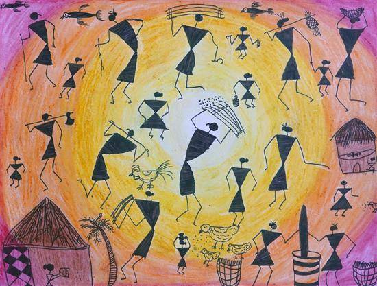 Painting  by Radhika Dhorkhana - Tribal people's daily chores