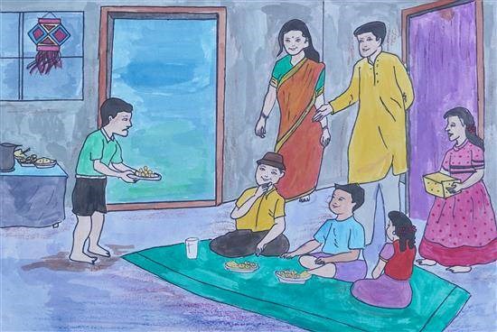Children's Diwali feast, painting by Rupesh Bhoir