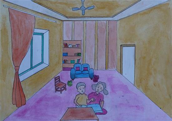 Sibling reading book, painting by Ajay Hadal