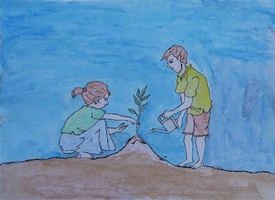 Siblings planting plant, painting by Dinesh Dole