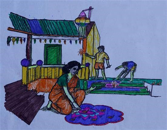Diwali festival, painting by Nandini Malache