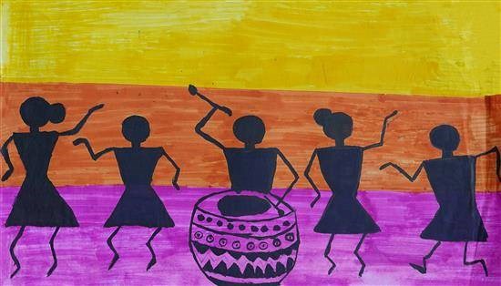 Fun of tribal people, painting by Roshani Pawar