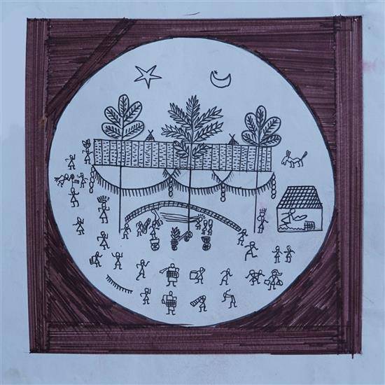 Painting  by Vijaya Gavit - Warli art in circle