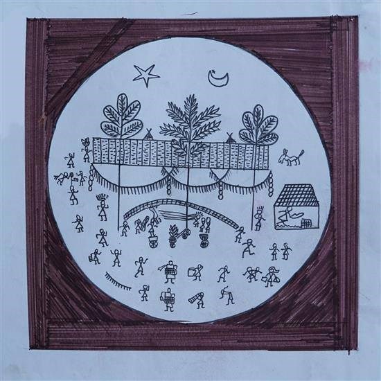 Warli art in circle, painting by Vijaya Gavit