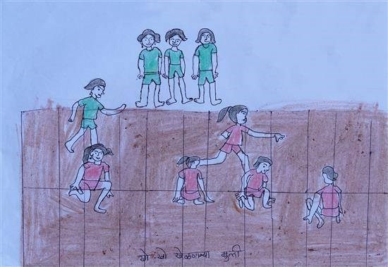 Girls playing Kho Kho game, painting by Archana Chaudhari