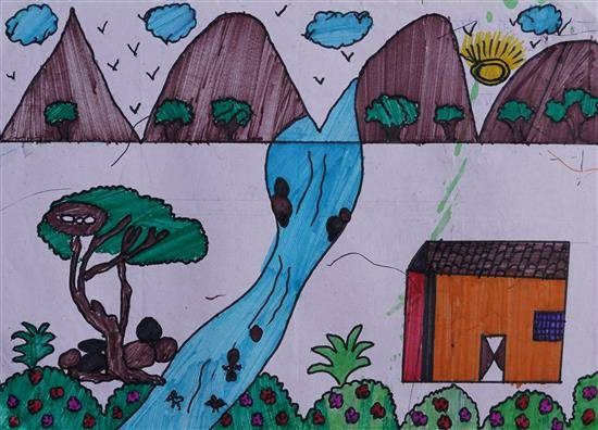 River flow among mountains, painting by Vaishali Thakare