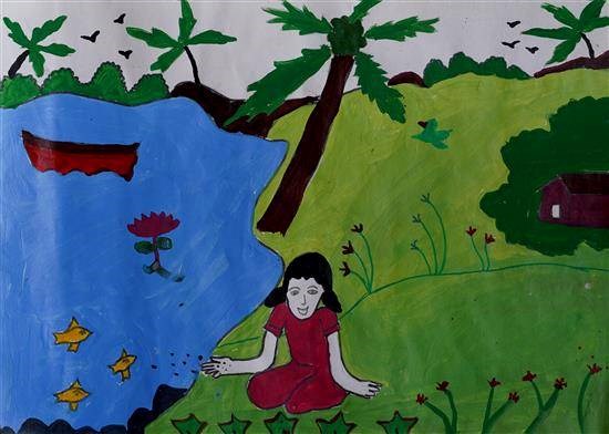 Girl feeding to fishes, painting by Pratiksha Gabhale