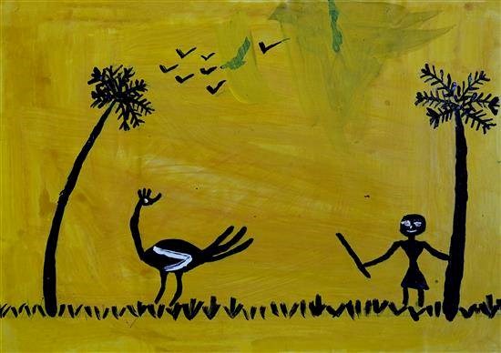 The boy and Peacock, painting by Rahul Bhangare