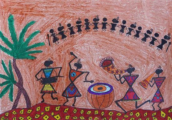 Tribal instrument players, painting by Chhaya Chaudhari