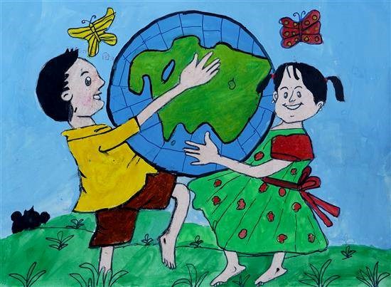 Friends holding Earth, painting by Gayatree Pawar