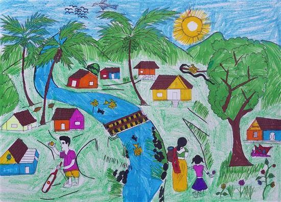 Beauty of village environment, painting by Hemraj Gaikwad