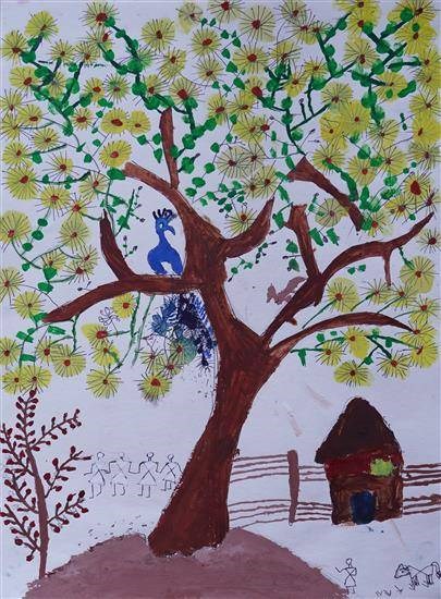 Peacock sat on tree, painting by Sonali Mondhe