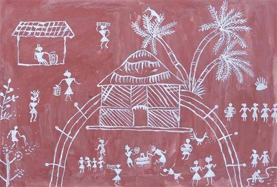 House chores of tribals, painting by Nikita Sawant