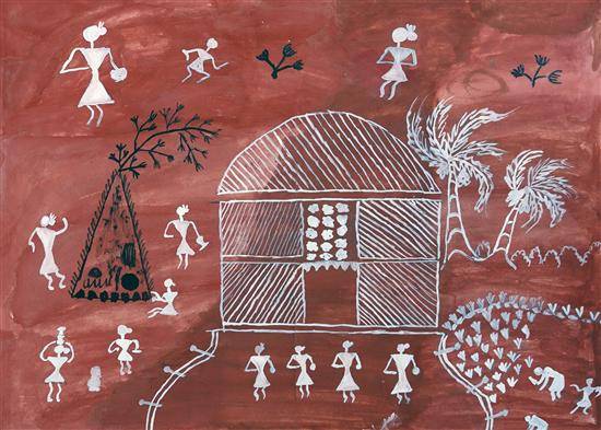 Painting  by Arati Bhangare - Tribal people's dwelling