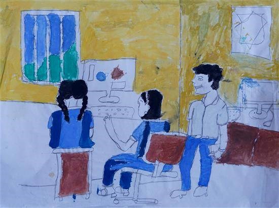 Students learning about computer, painting by Rinku Bhokare