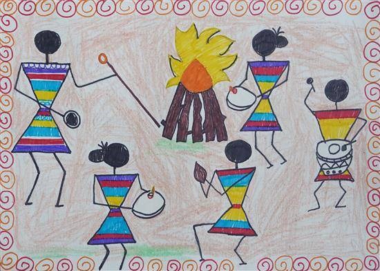 Adivasis worshipping Holi, painting by Gita Belsare