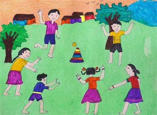 Happy children playing Seven stones, painting by Anita Kasdekar
