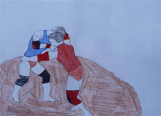 The wrestling, painting by Rajendra Bethekar
