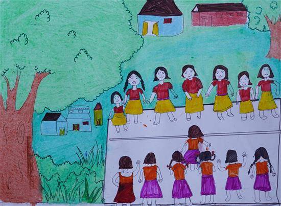 Painting  by Savita Darsimbe - Girls playing Kabaddi