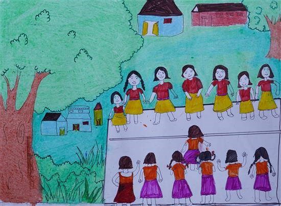 Girls playing Kabaddi, painting by Savita Darsimbe