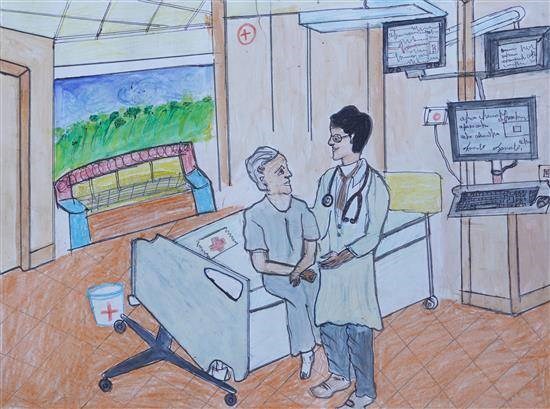 Care of a sick person, painting by Sonali Babane