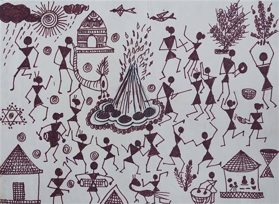 Painting  by Arpita Dangare - Scenery in tribe while Holi
