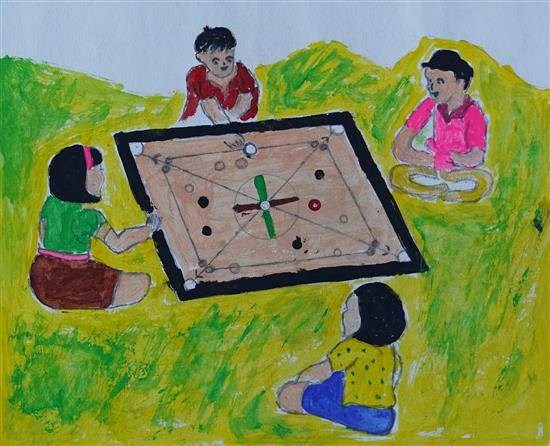 The carrom players, painting by Rekha Bendkoli
