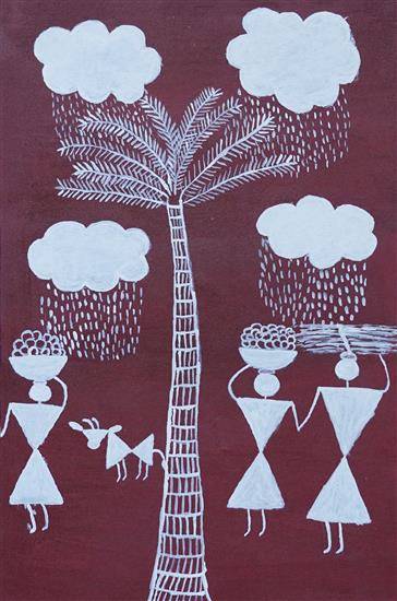 Painting  by Priti Aaglave - Daily chores of tribals