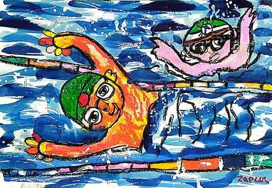 Swimming, painting by Zareer Hasan Ayaan