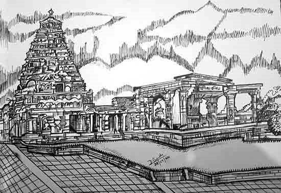 Tanjore Brihadeshwara temple, painting by Srinidy D